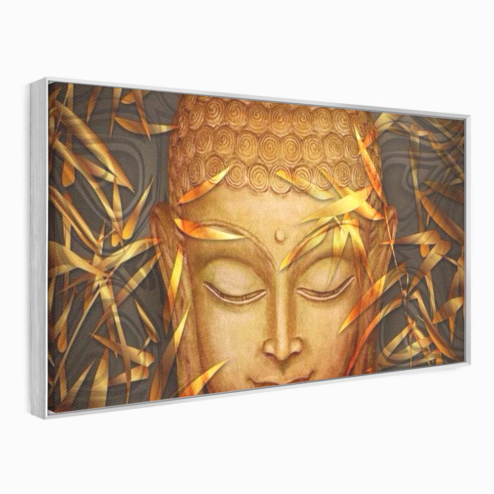 Tablou canvas cu tablou canvas cu chipul lui buddha, in rama de aluminiu argintiu